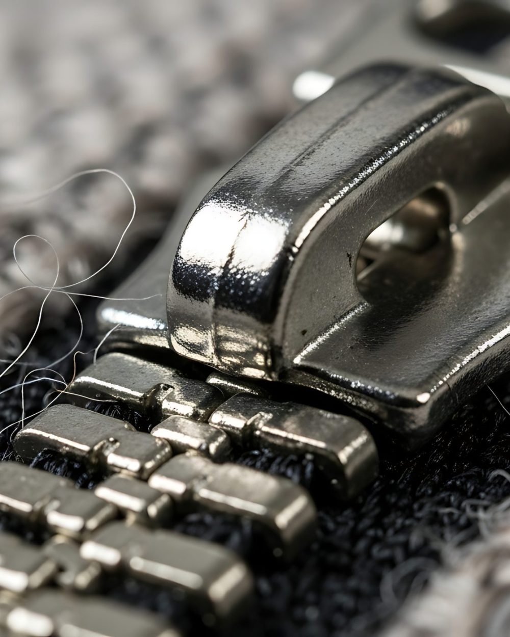 Extreme close-up of a modern metallic zipper on textured fabric, highlighting intricate details and stray fibers. Ideal for fashion, textile, and industrial design concepts.